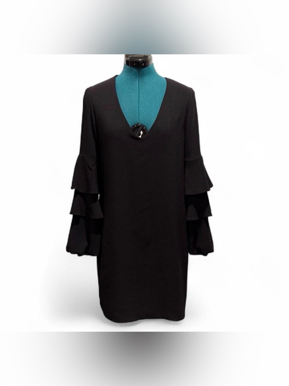 Charles Henry Black V-Neck Dress with Tiered Ruffle Sleeves